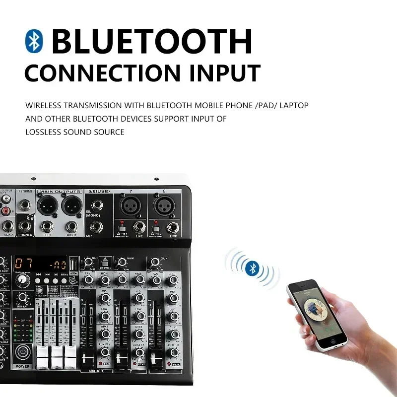 Audiomixer mit Effekten für professionelle Anfänger, 4-Kanal-Stereo-Eingang, Live-Streaming, 8-Kanal-Mixer, Stereomixer, US-Stecker