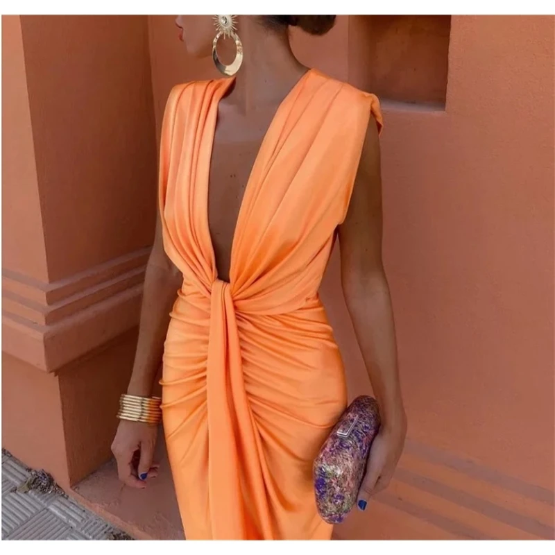 2025 エレガントな女性のサテン V ネックプリーツノースリーブミディドレスファッション