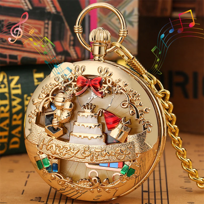

Vintage Birthday Themed Musical Pocket Watch Plays Happy Birthday Melody Timepiece Pendant Quartz Movement Clock Unique Present