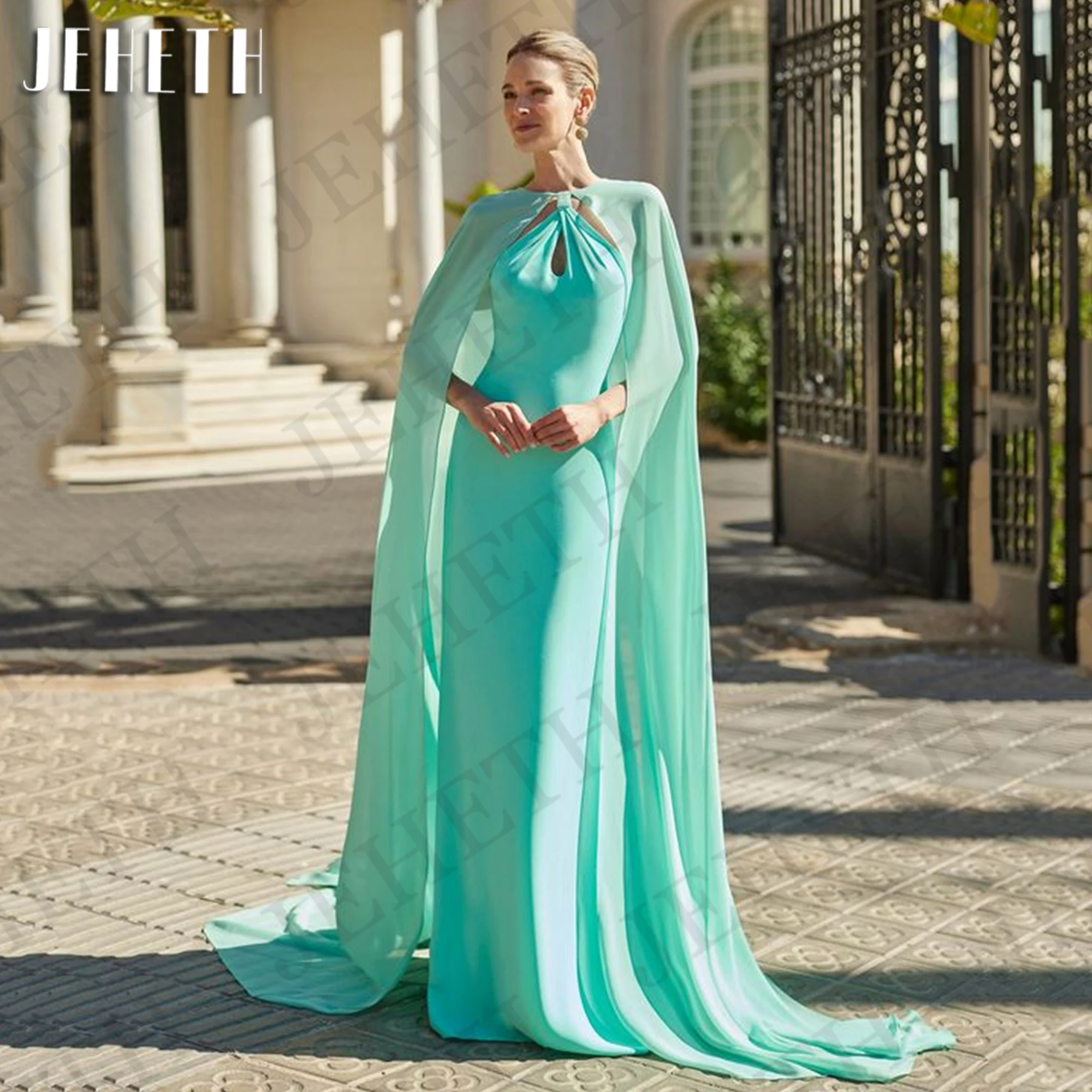 

JEHETH Saudi Araiba Evening Dress Mint Green Elegant Cape Sleeves Mermaid Chiffon Formal Occasion Dresses Customized Dubai Woman