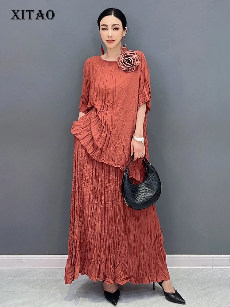 XITAO Round Neck Two-piece Set Half Sleeved Solid Color Loose All Match New Elegant Casual A-line Skirt Fashion Set LYD1836