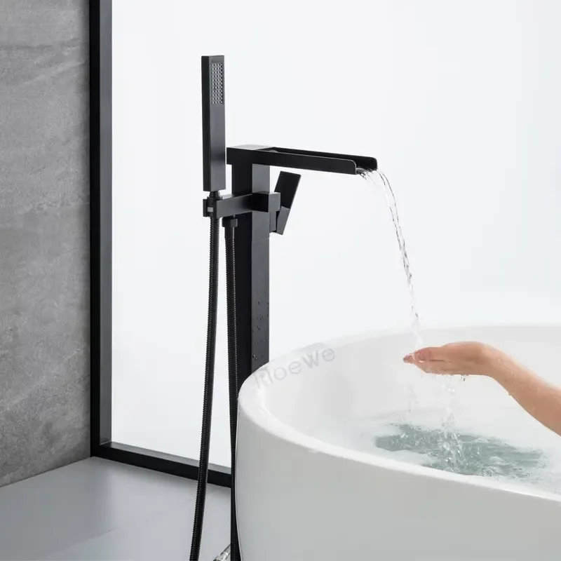 CUPC Approved Bathroom Stand Alone Shower Mixer Tap, Floor Mounted Free Stand Mixer Brass Body Black Freestanding Bathtub view 5