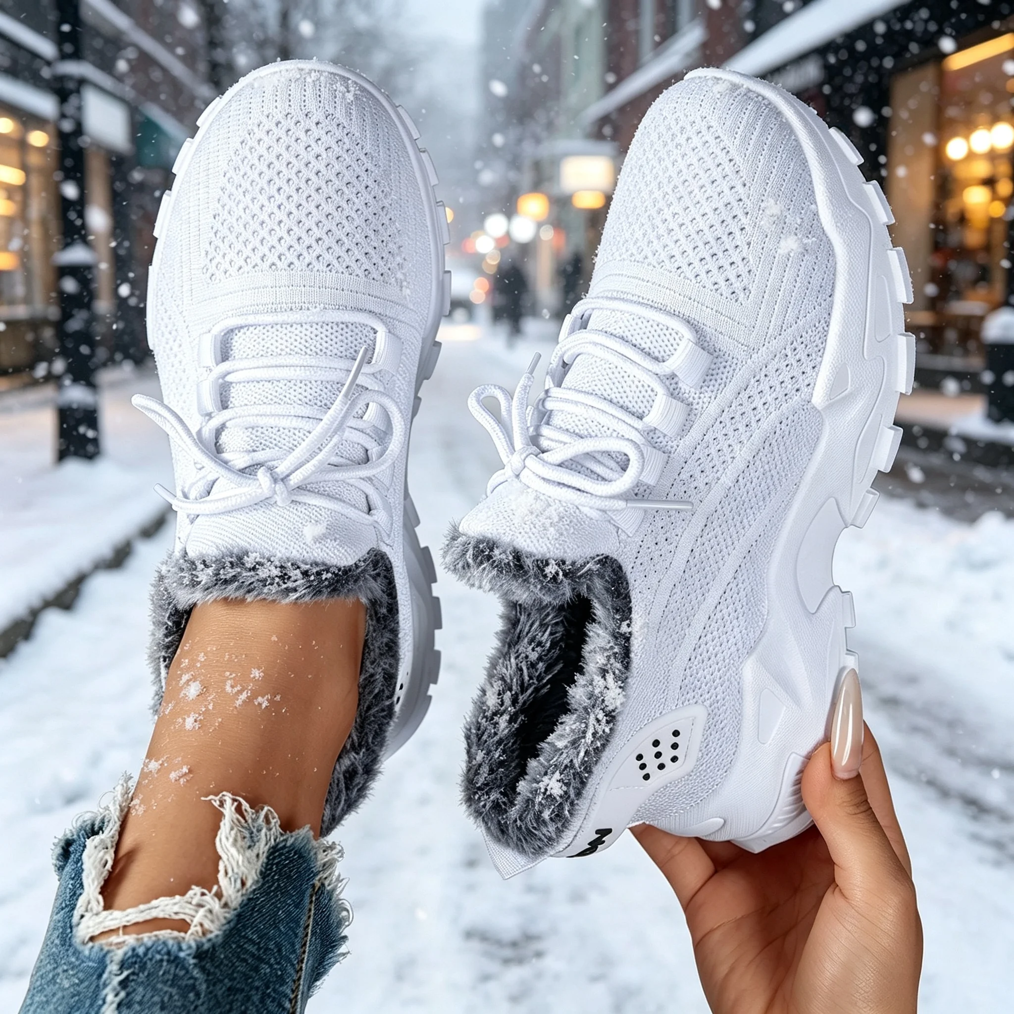 Women Winter Fuzzy Fleece‑Lined Platform Sneakers, Lace‑Up Warm Knit Upper Winter Snow Shoes, Non‑Slip Chunky Thick Sole Comfort Walking Trainers, Cozy Plush Insulated Casual Shoes Outdoor, Travel & Cold‑Weather Daily Wear, Clearance Sale