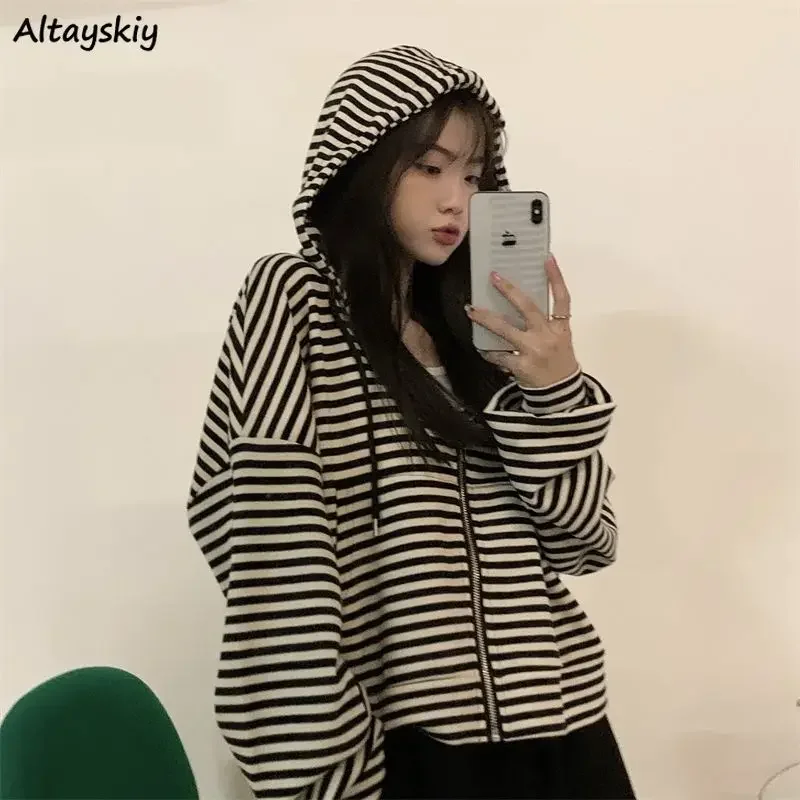 With Hat Hoodies Zip Up Striped Cropped Design Cool Streetwear Korean Style Retro Fashion Basic All-match Preppy Loose Mujer Ins