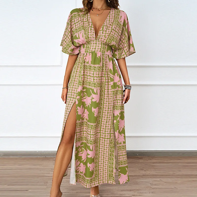

2025 Summer New Sexy V-neck Short Sleeve Printed Waist Dress European and Beautiful Clothing