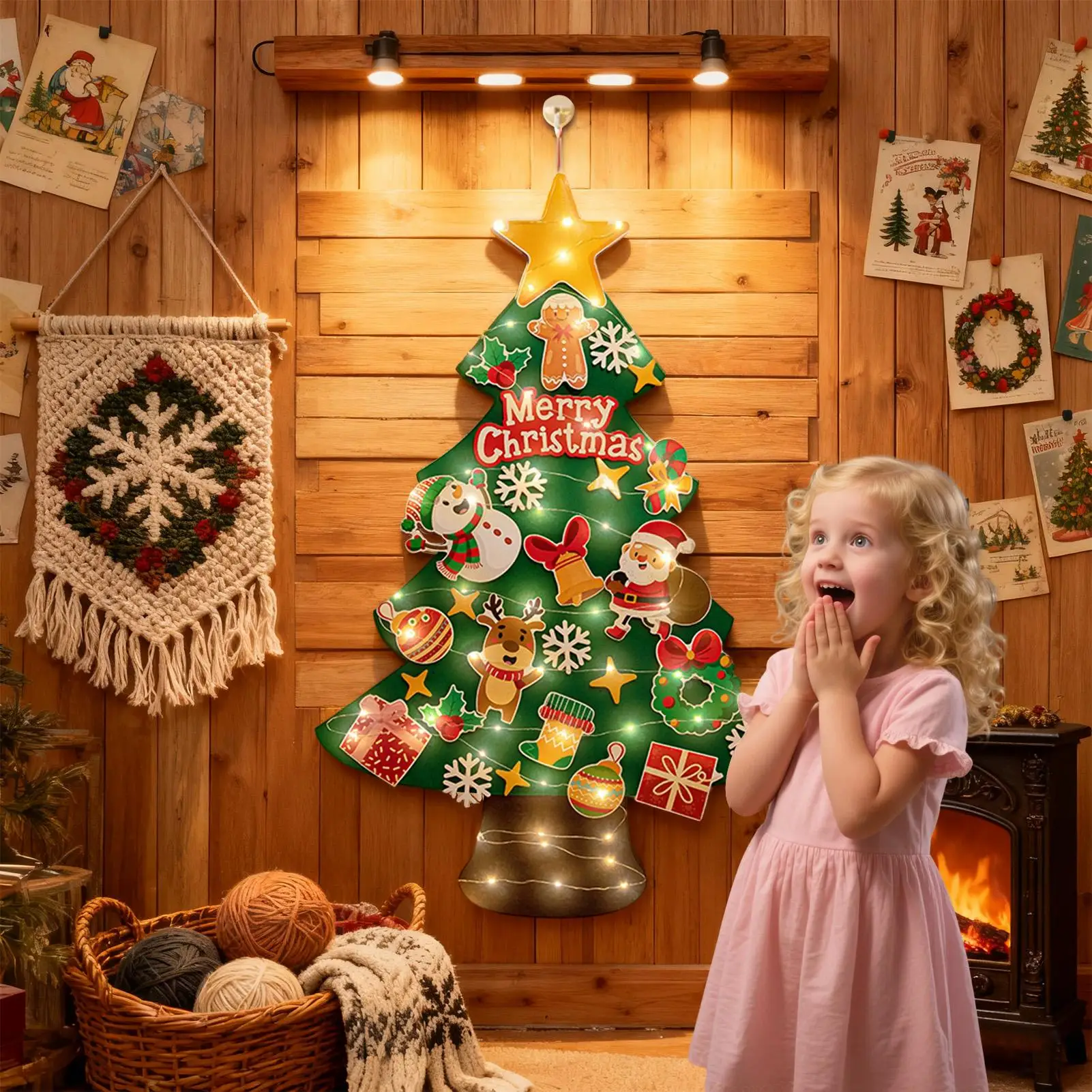 Toddler Christmas Tree With 9.8ft LED String Lights Wall Sticker Interactive Felt Christmas Tree For Bedroom Nursery Outdoor