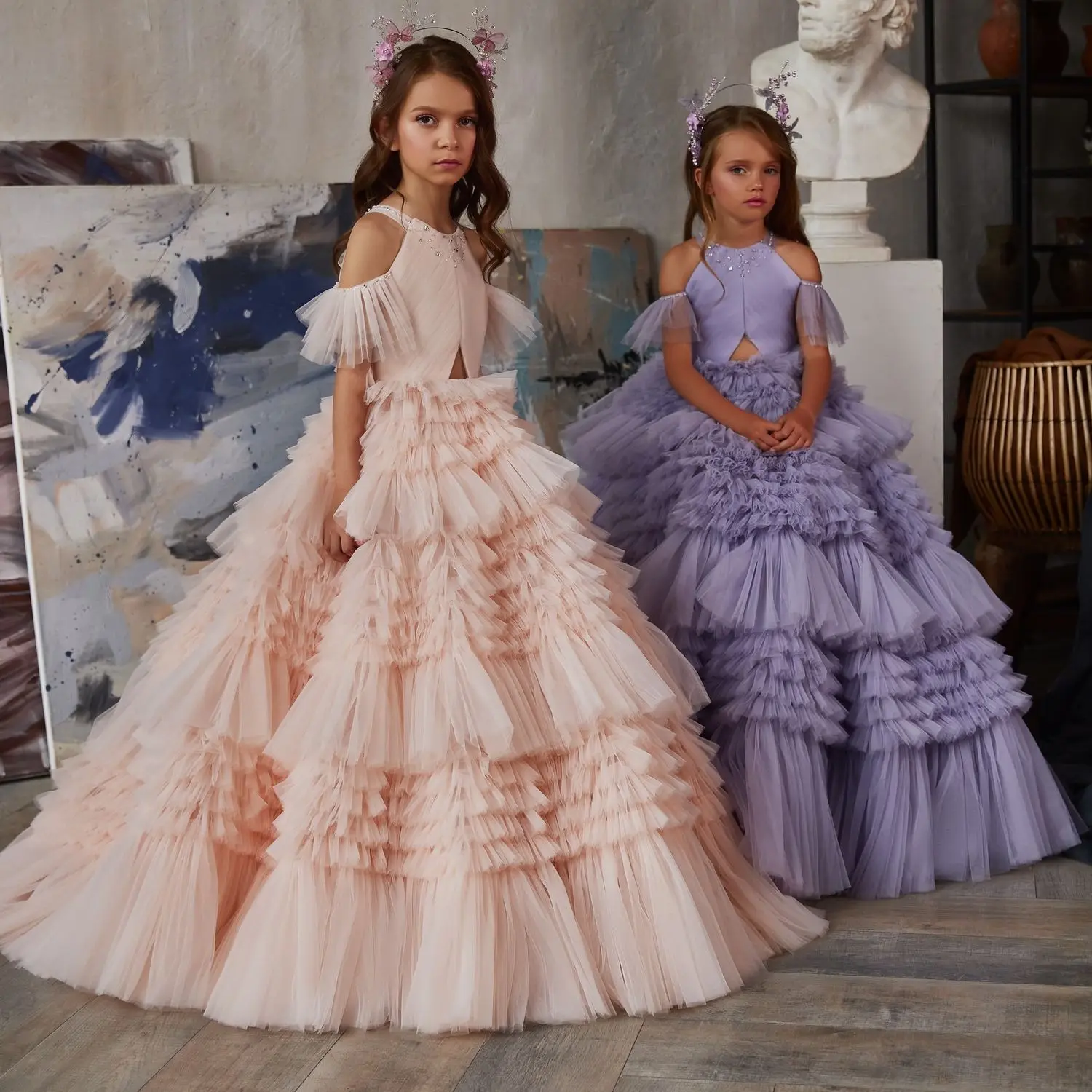 Vestido de princesa de línea a con volantes para niña, traje de baile de niña de flores, vestido de fiesta de bambini ragazze, vestido de fiesta de graduación, disfraces de Grace