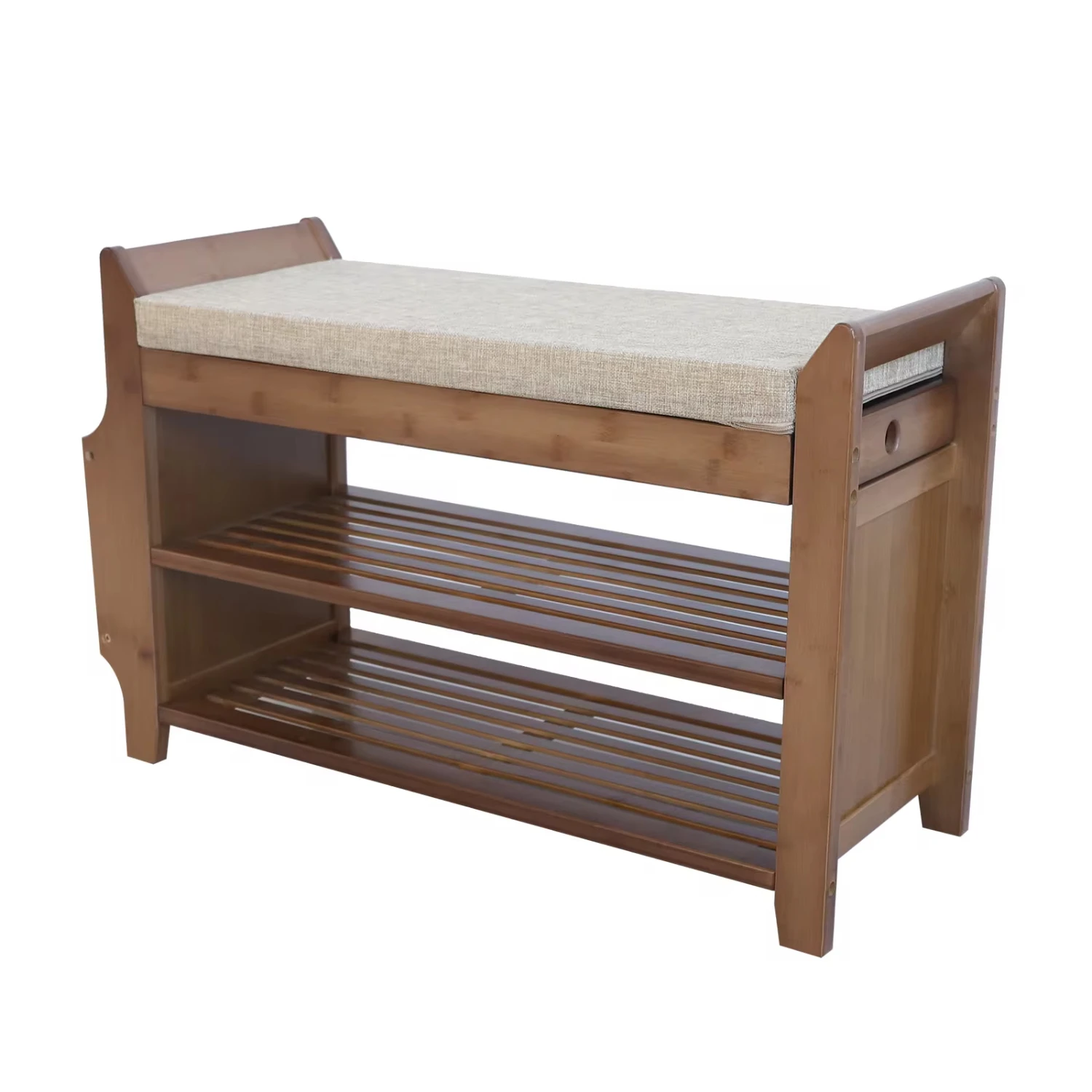 2-Tier Entryway Bamboo Shoe Bench with Seat Removable Cushion Shoes Rack Organizer  Cabinet Shelf