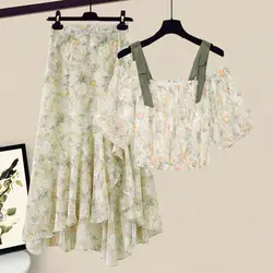 Women's Summer Large Size Two Piece Skirt Suit 2024 New Short Sleeved Sling+Floral Skirt Two-Piece Dress set