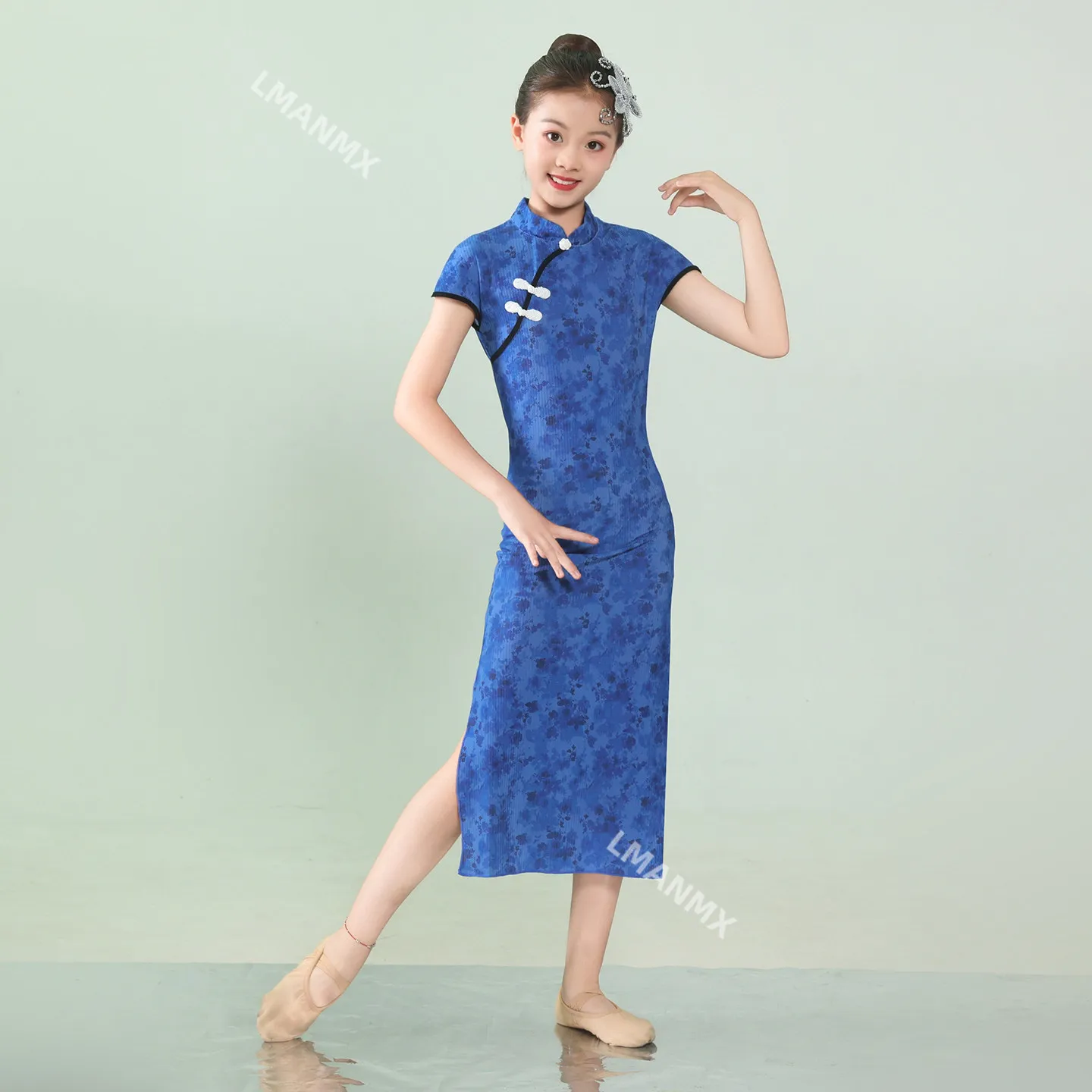 女の子の古典舞踊袍ダンス衣装、子供用スリムフィット袍練習着