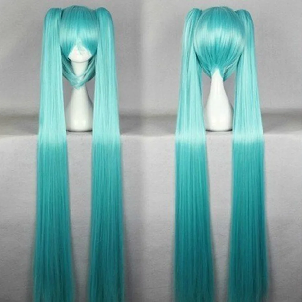 HAIRJOY włosy syntetyczne długie proste zielone peruka do cosplay z 2 klipsami w kucykach Vocaloid Hatsune Miku peruka kostiumowa