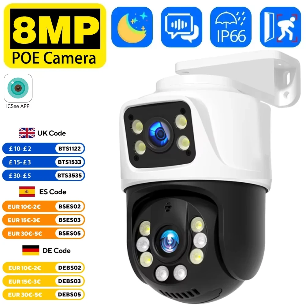 

8MP 4K Dual Lens POE IP Camera PTZ Dual Screens Smart Home 360° Wired Video Surveillance IP Camera Motion Detection CCTV ICsee
