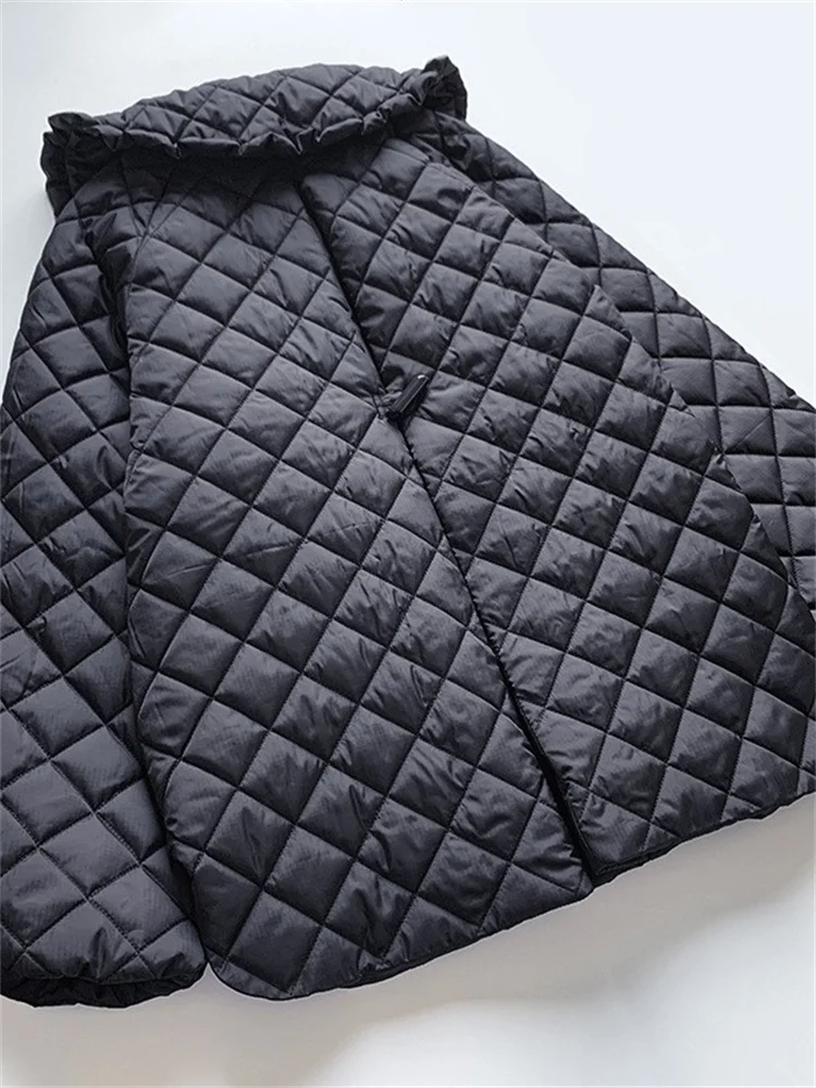 Autumn Winter Lingge Grid Quilted Women Short Parkar Coat Peter Pan Collar Fashion Female Double Breasted Jacket Outwear Top
