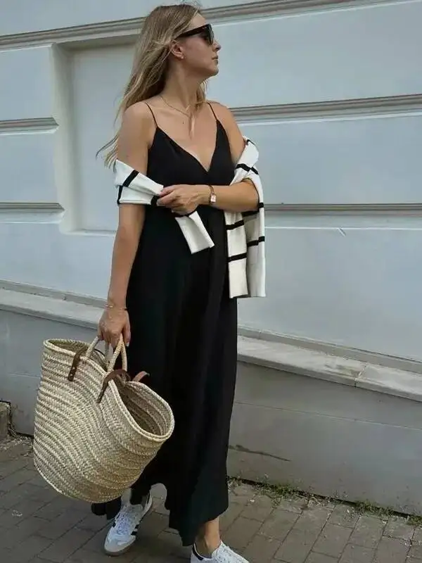 فستان نسائي صيفي فضفاض فساتين نسائية فضفاضة بدون أكمام وأشرطة رفيعة فساتين سوداء طويلة بدون ظهر فساتين عطلة الشاطئ E96H