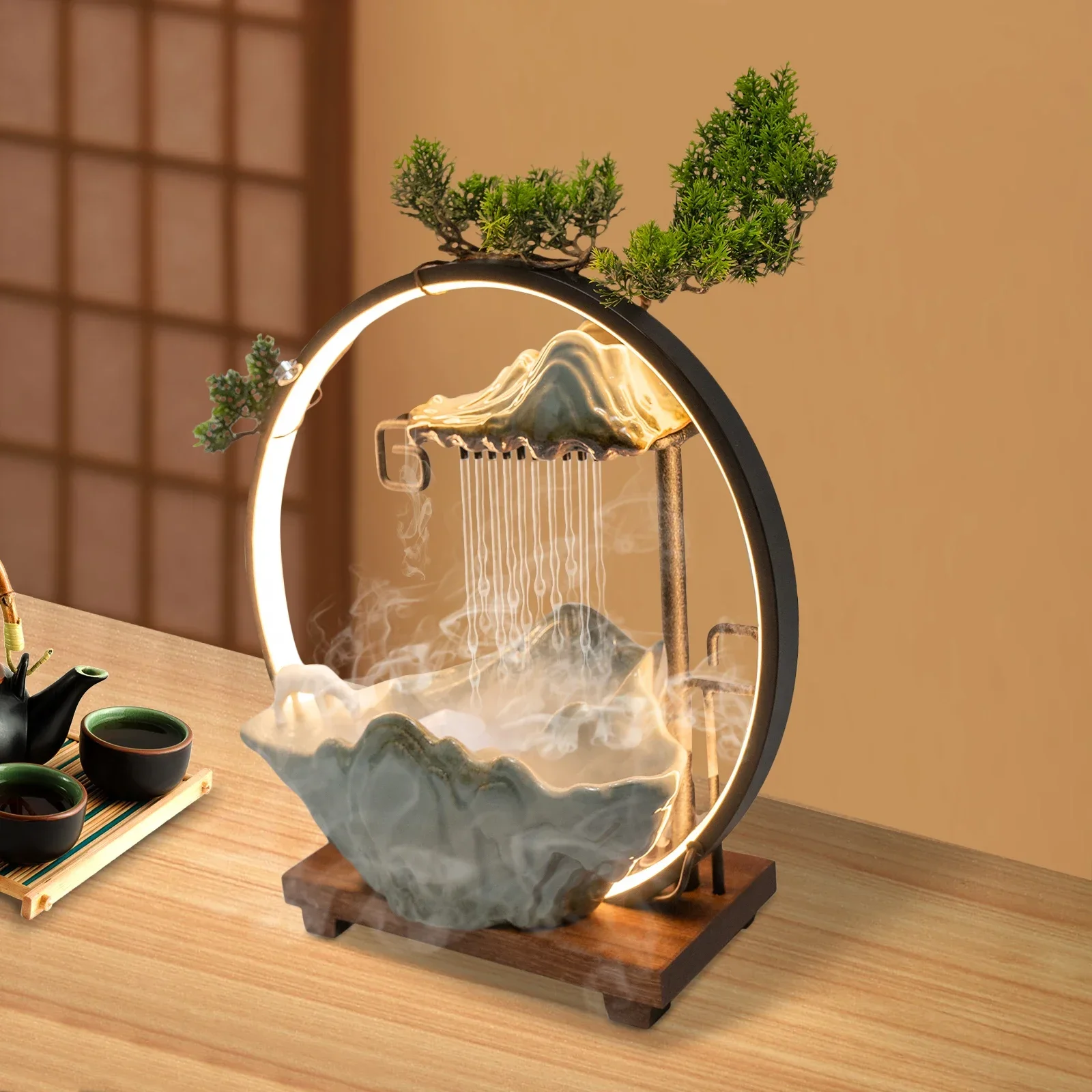 Fuente de cascada con estatua de caballo de cerámica con vaporizador de niebla LED y plantas artificiales | Decoración Feng Shui del atomizador que cambia de 7 colores