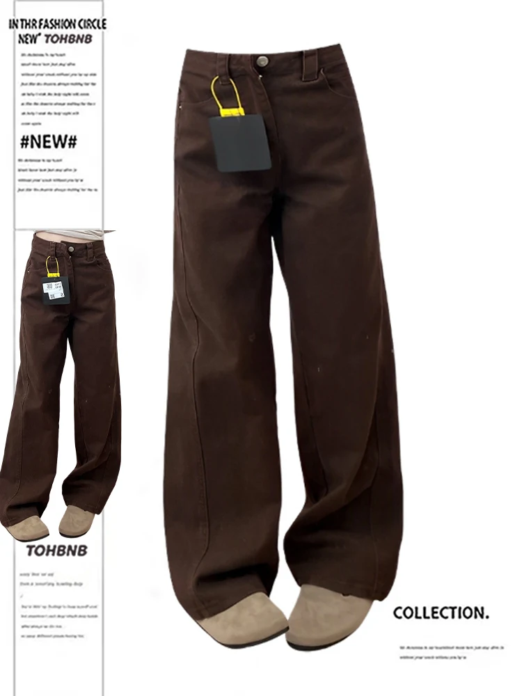 

Женские джинсы-колокольчики больших размеров с низкой талией длиной до пола, кофейного цвета, утягивающие брюки ранней весны 2025 года, широкие брюки с высокой талией