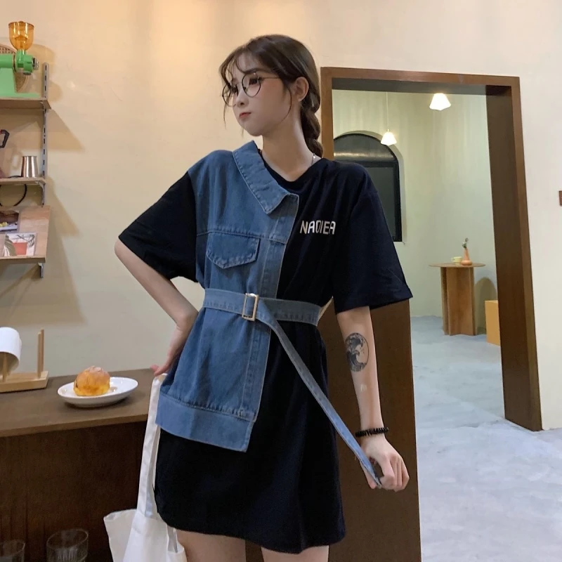 2025 Zuid-Koreaanse Denim Splicing Jurk Ronde Hals Korte Mouw K Mode Vrouwen Taille Aanscherping Onregelmatige T-shirt Rok