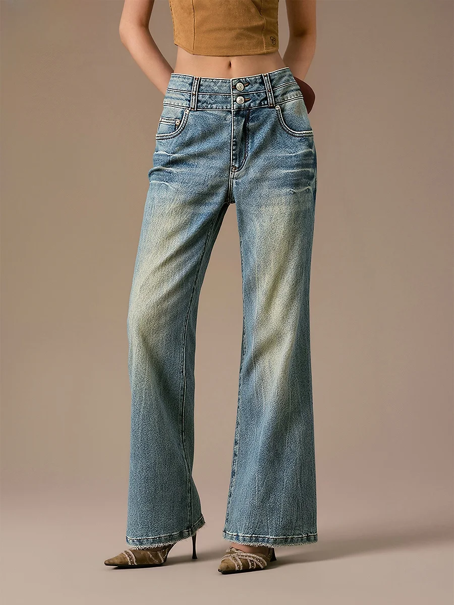 

Chuu Women's Micro Flare Jeans Faded White Winter 2025 Natural Waist Long Pants Commute Style Cotton Polyester Spandex Blend