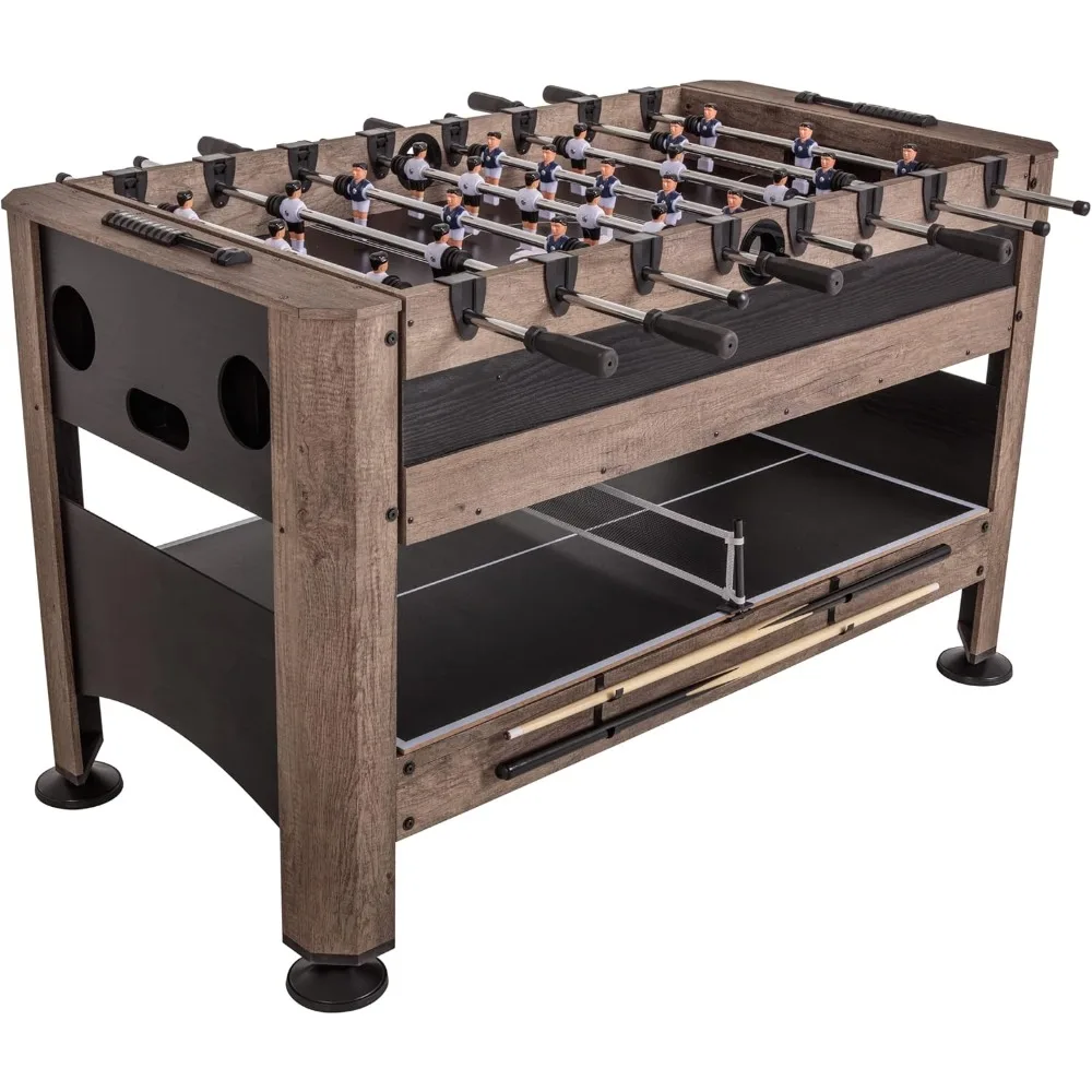 56” 4-in-1 Swivel Multi-Game Table - Air Hockey, Billiards, Foosball, Ping Pong - Rustic Wood Grain Finish, Brown