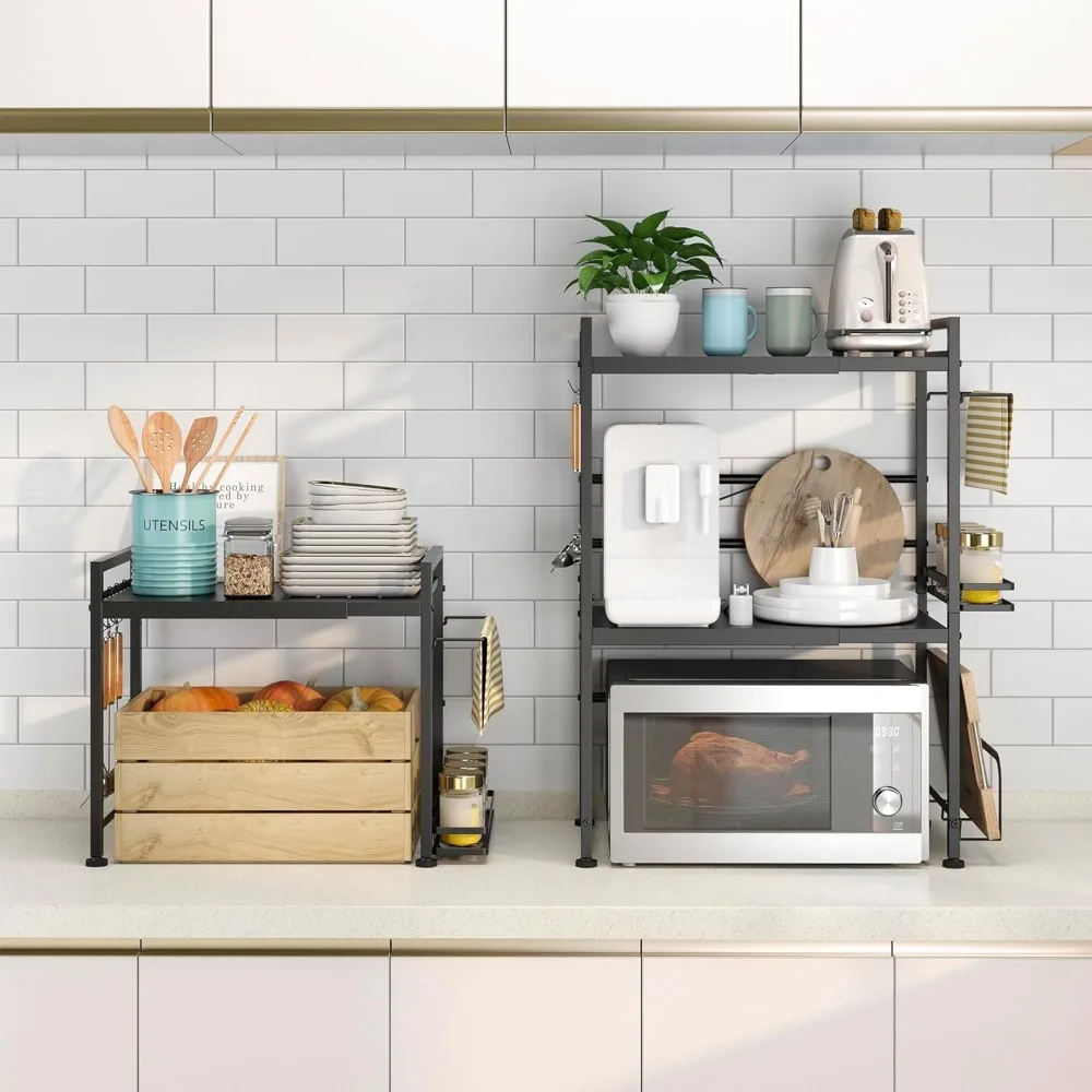 رف فرن ميكروويف قابل للتوسيع لتخزين سطح المطبخ، مادة فولاذية كربونية، مثالي لتنظيم أواني وأدوات المائدة #6