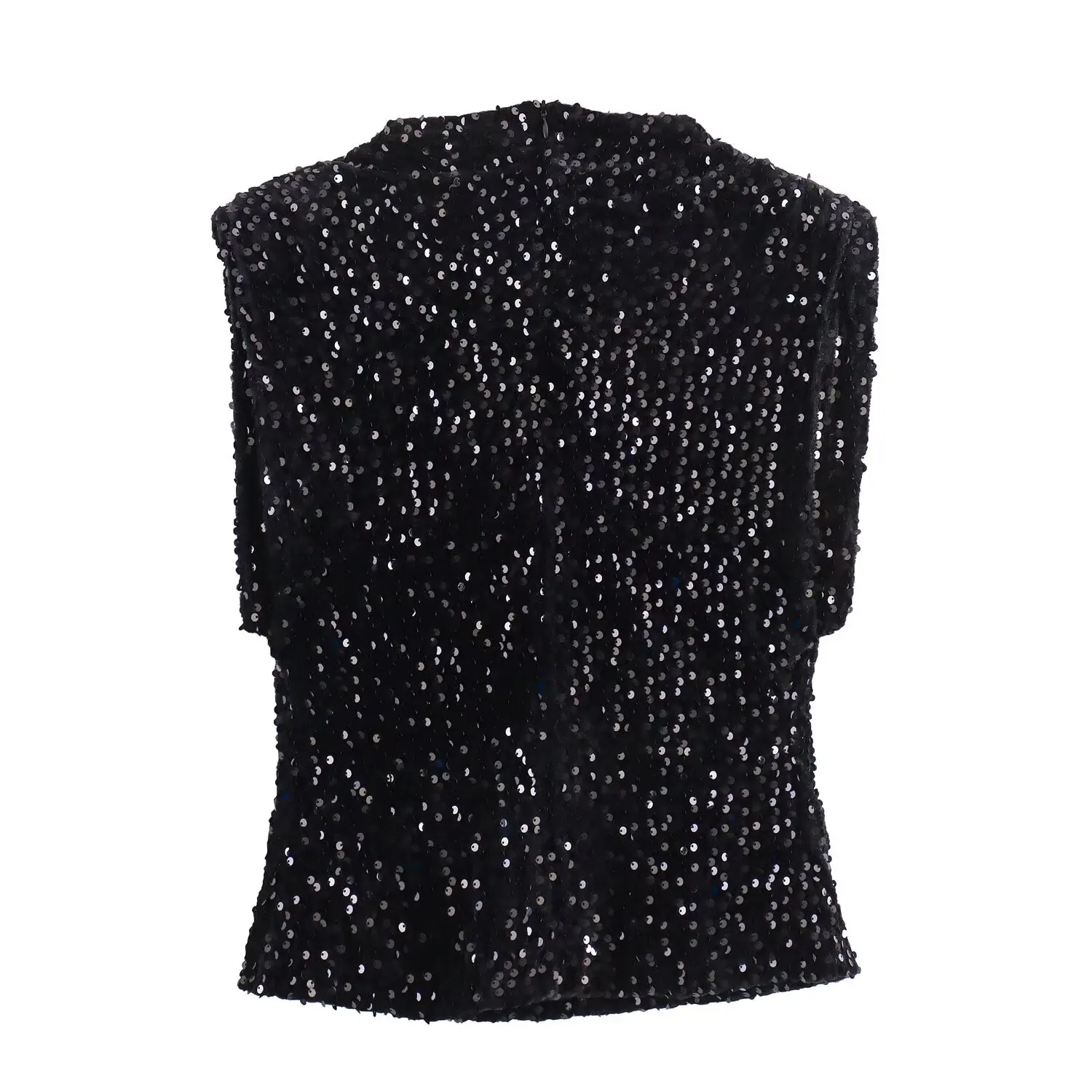 Zevity Women High Street Stand Collar Sleeveless Sequined Velvet Vest Blouse Female Shirt Blusas Chic Zipper Brand Tops LS5863