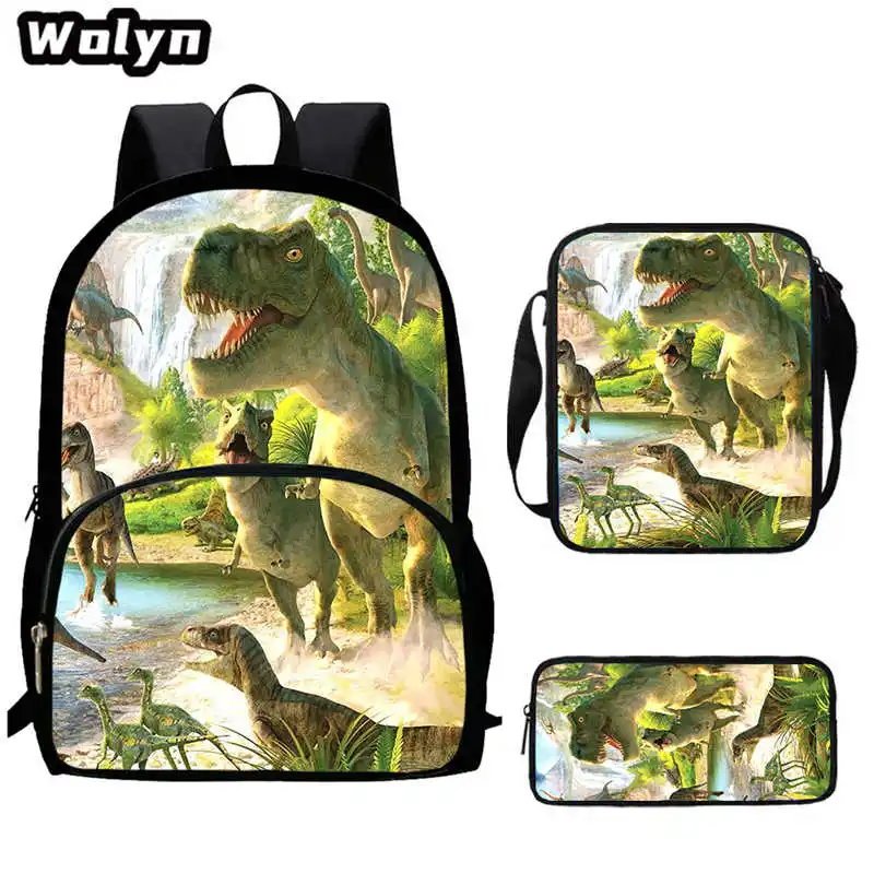 3Pcs Set Dinosaur School Backpacks with Shoulder Bag Pencil Bag,Cartoon School Bags for Boys Girls,Book Bags for Grade 1-4 kids