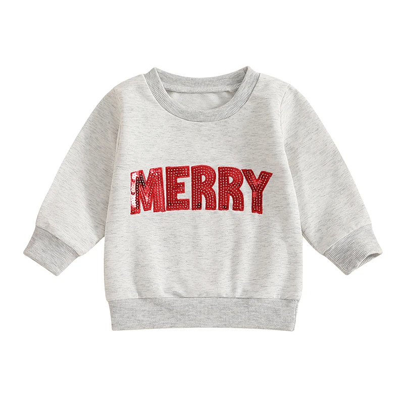 

Baby Christmas Sweatshirts Glitter Sequin Letter Pattern Long Sleeve Pullovers Toddler Winter Tops