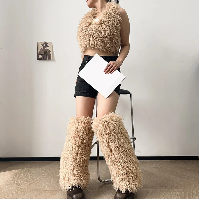

Коричневые меховые гетры Y2K для девочек в стиле панк, готики, гетры из искусственного меха, женские бахилы длиной до колена, хипстерские носки, пушистые гетры