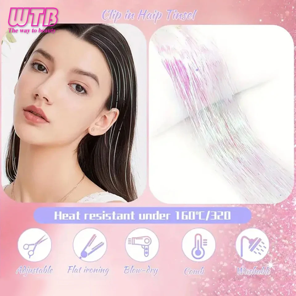 12 Piezas Clip en Cabello 20 Pulgadas Sintético Colorido Glitter Tinsel Extensión de Cabello Fiesta Navidad Año Nuevo Regalo para Mujeres Cabello 2