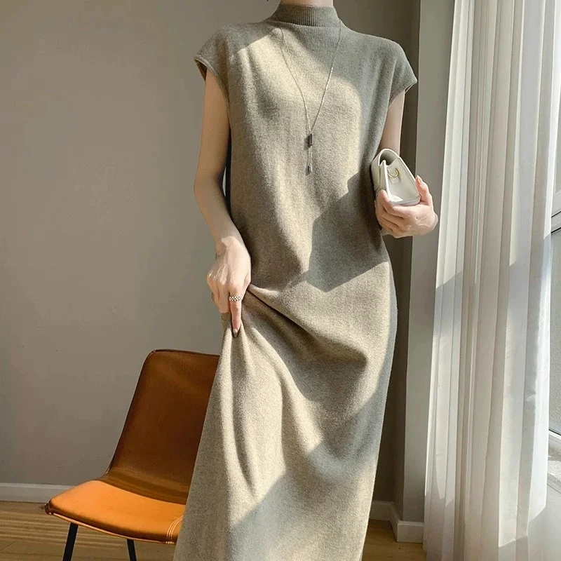 Outono inverno feminino longo sve malha dr f gola alta cor pura ort sve malhas camada base solta dr