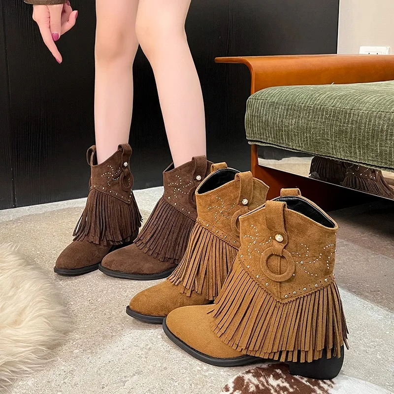 

Women's Western Style Boot Double Layer Tassels Pointed Toe Mid Heels Chelsea Boots for Women Comfortable Suede Short Boots