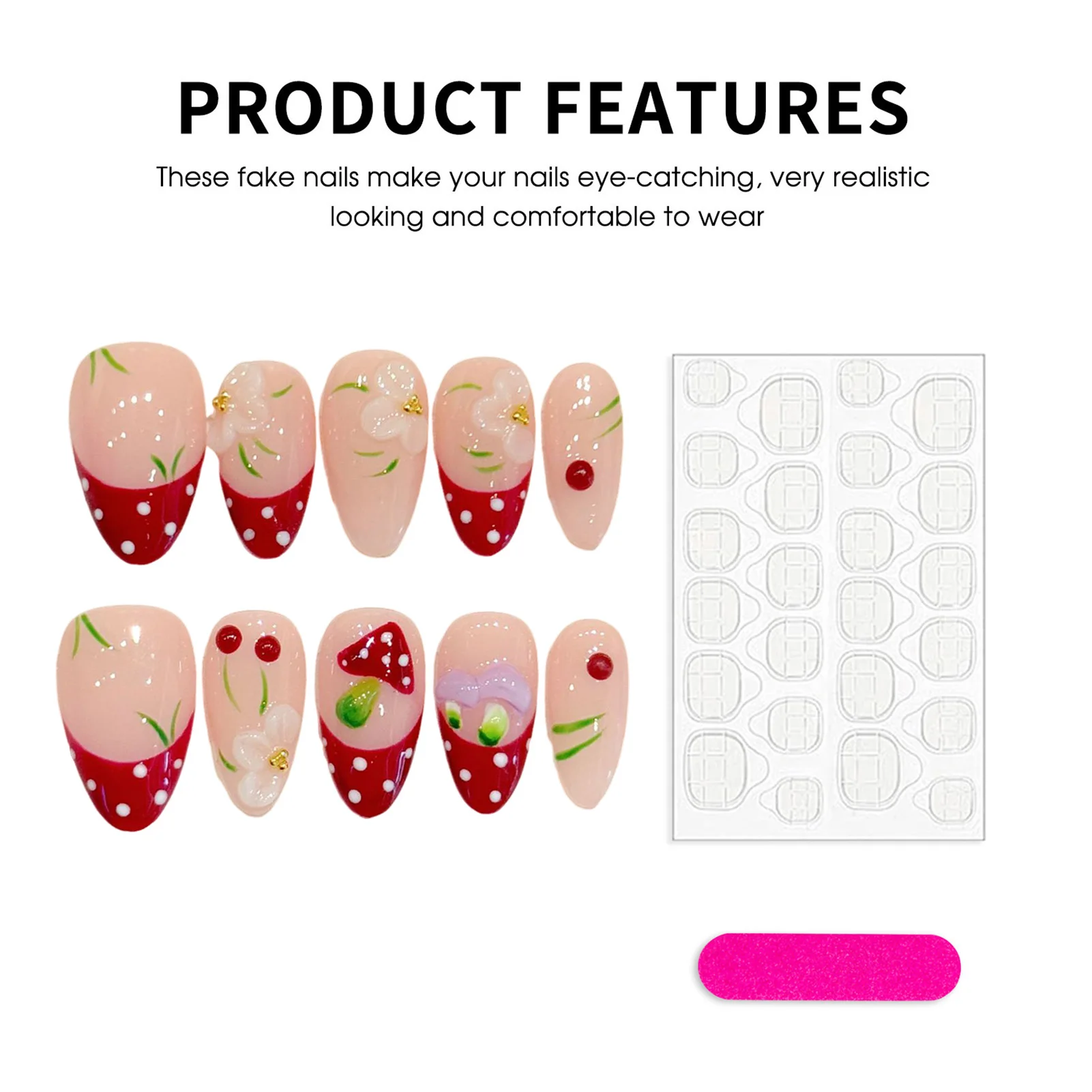 10Pcs Red White Polka Dot Design Press on Nails Mushroom Flower Decor False Nails French Almond Shape Fake Nail Patches view 4