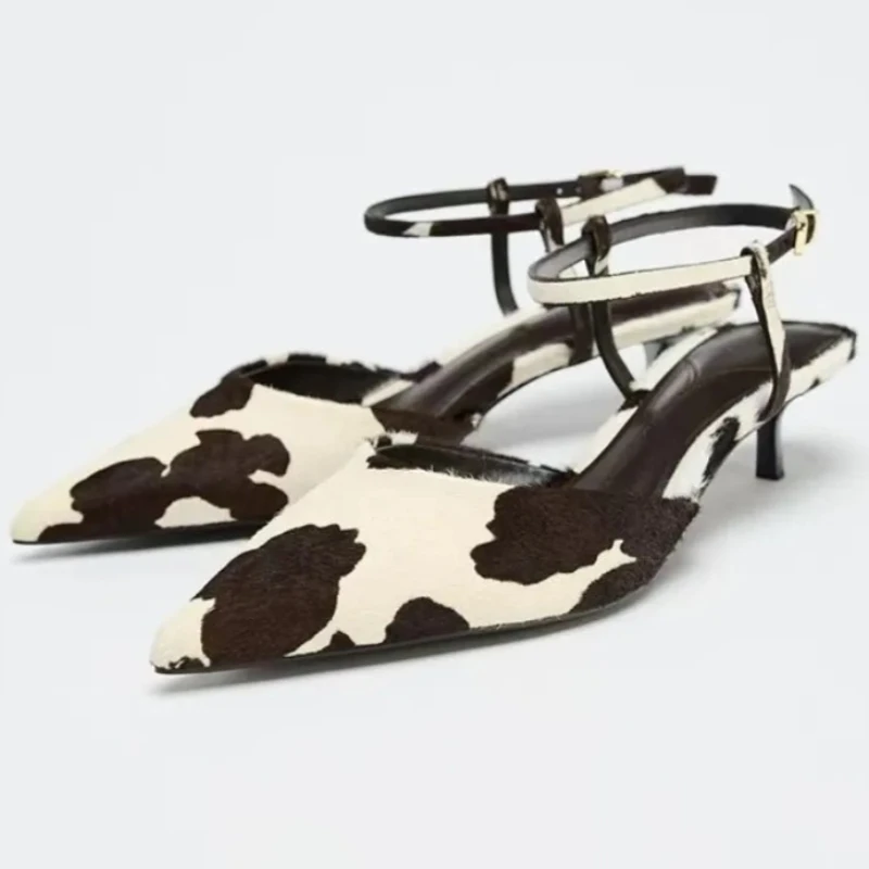 

Suede Design Heeled Sandals Woman Ankle Strap Cow Pattern Kitten Heel Party Fashion Brand Pointed Toe Mules High Heeled Shoes