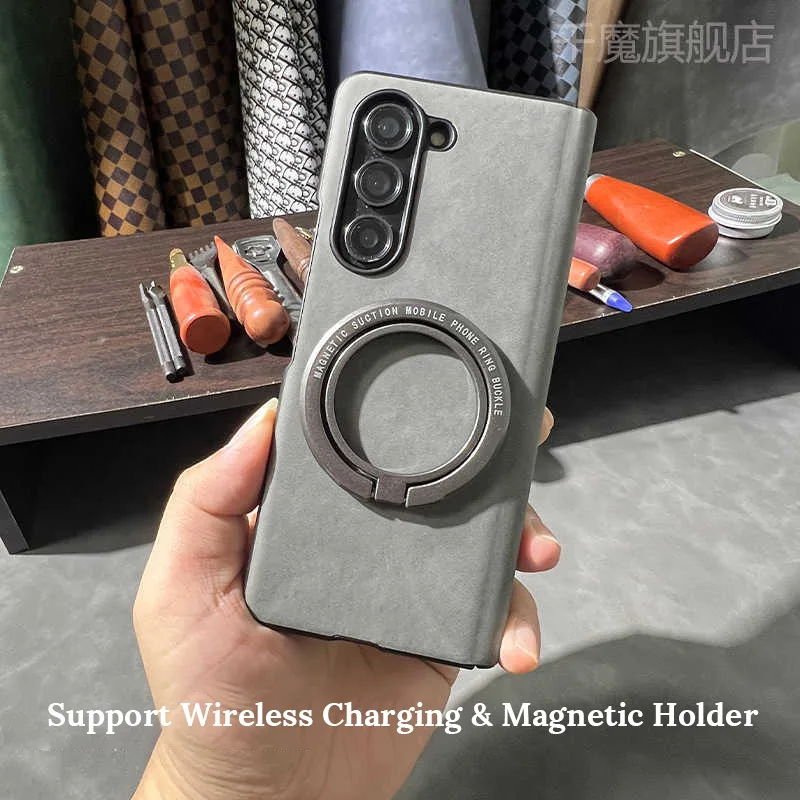 

Magnetic Case for Samsung Galaxy Z Fold6 Fold5 with Holder Luxury PU Sheepskin Leather Cover Protective Phone Casing Accessories