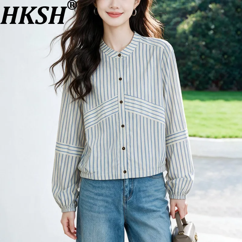 HKSH Women Shirt Fashion Striped Patchwork Design Single Breasted O-Neck Lantern Sleeve Elegant Ins Casual Cotton Blouse HK27431
