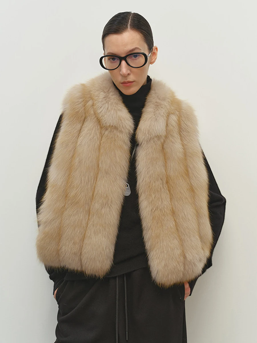 2026 Autumn Winter Women Faux Fur Vest Lapel Collar Fluffy Long Hair Sleeveless Gilet Coat Camel