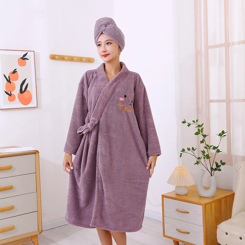 Women Winter Thermal Long Bathrobe Lovers Thick Warm Coral Fleece Kimono Bath Robe Plus Size Men