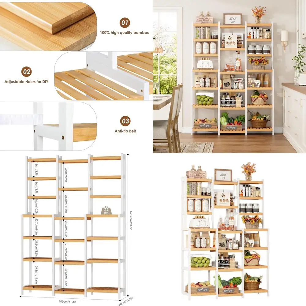 

7-Tier Bamboo Plant Stand, 3-Row Ladder Bookshelf, Adjustable Corner Display for Home, White & Natural
