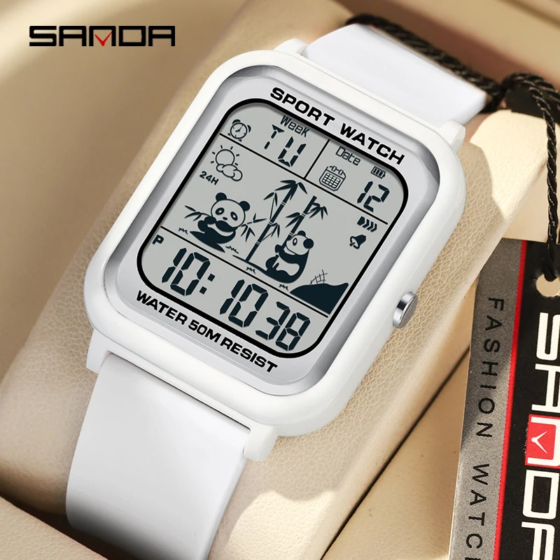 SANDA Panda Pattern Square Gradient Clock Electronic Men\'s Watch Sports Casual Outdoor Waterproof Trend Unisex Wristwatch 6120