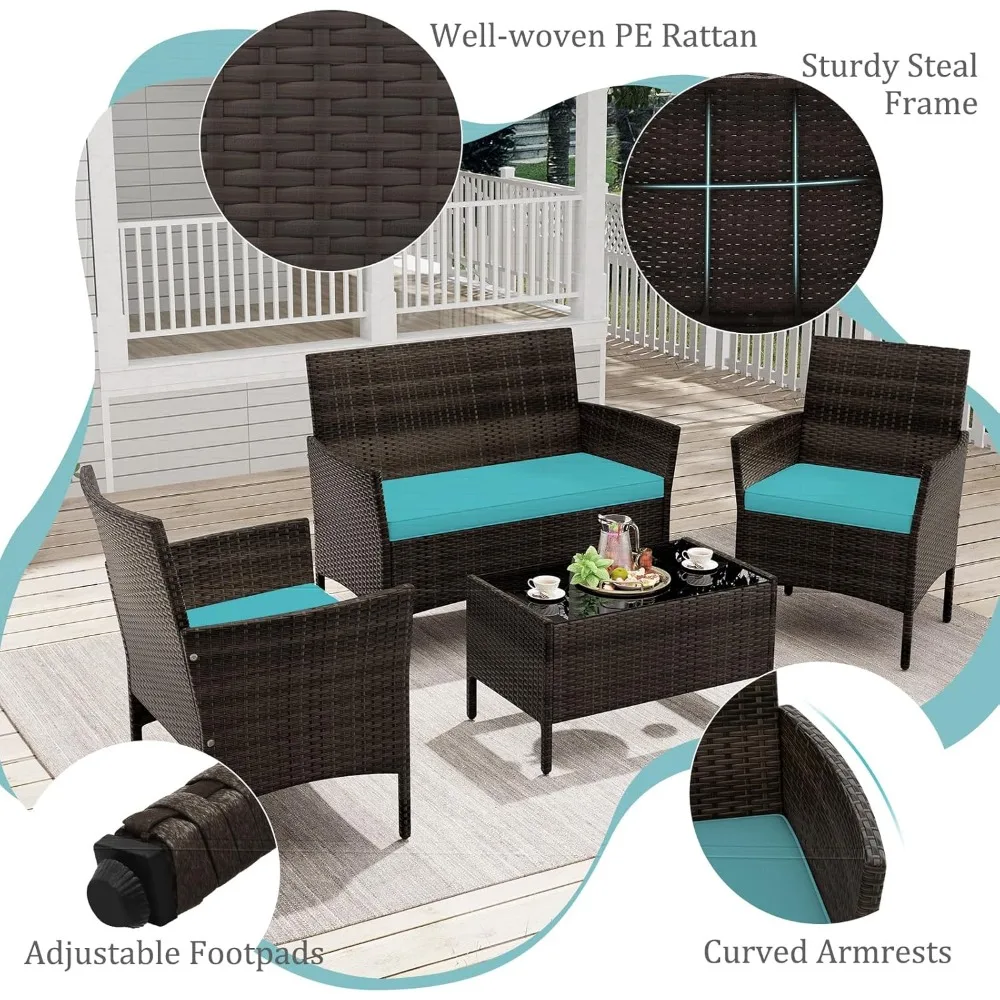 4 Piece Patio Furniture Set, Outdoor Rattan Conversation Set with Loveseat, Wicker Chairs, Tempered Glass Coffee Table