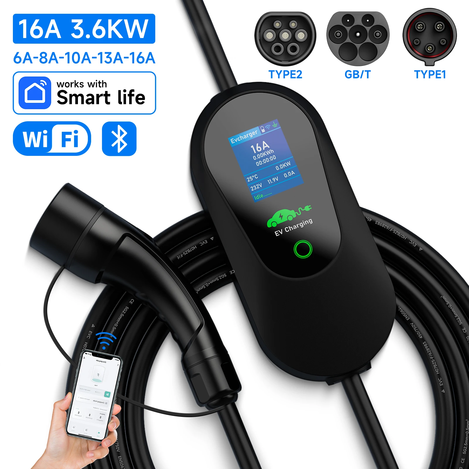 

AFYEEV Portable 3.6KW EV Charger Type 2 IEC62196-2 Type1 GBT 16A Electric Car Charger 1Phase EVSE Charging Cable WIFI Bluetooth