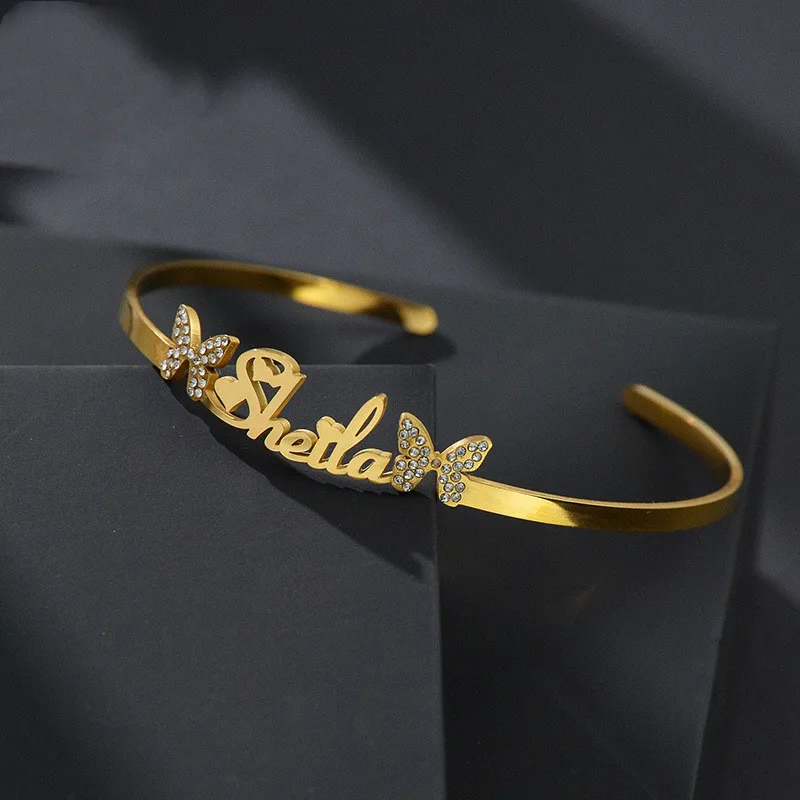 

Personalized Any Languages 3mm Bracelet Stainless Steel Custom Butterfly Rhinestore opening adjustable Bracelet for Women Girls