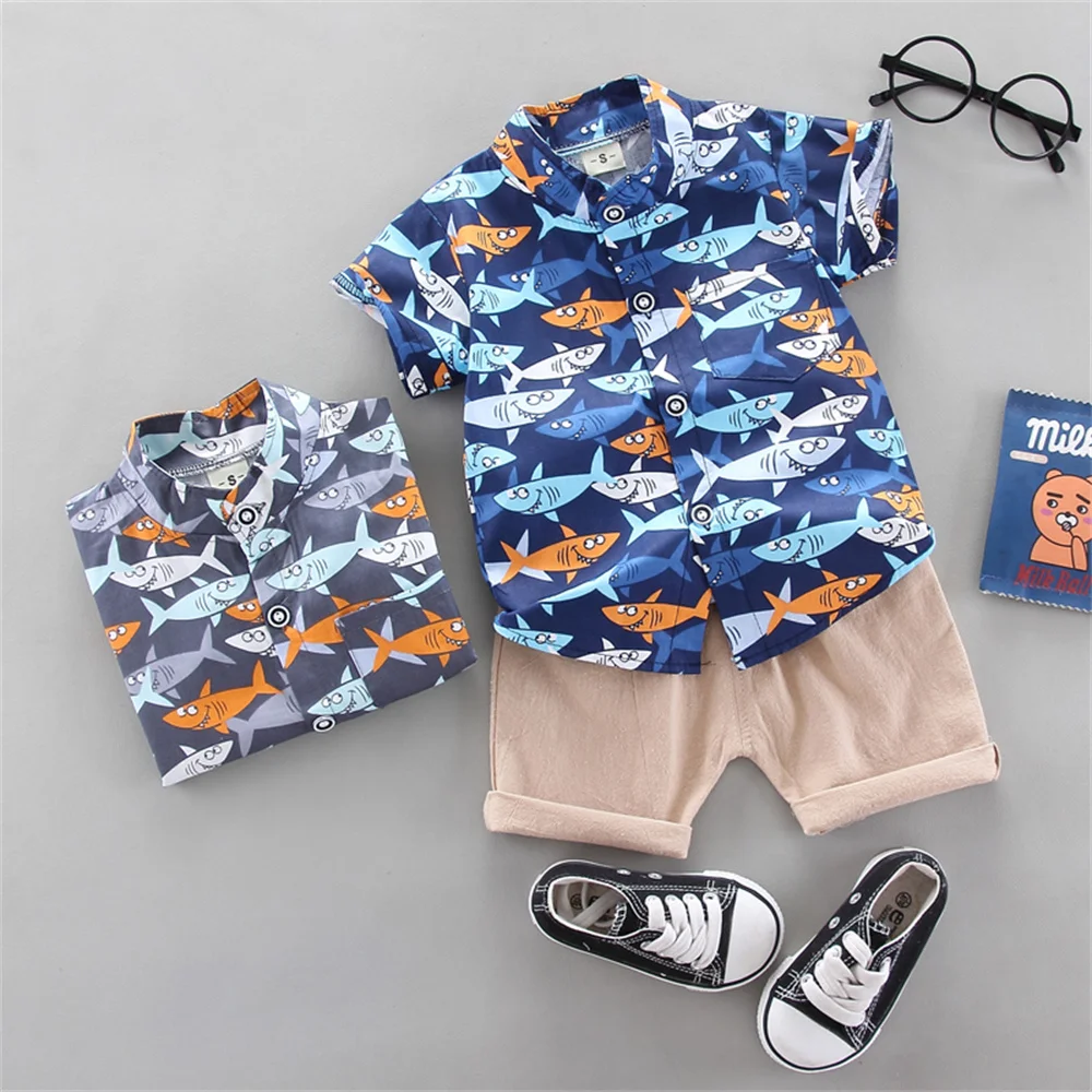 2PCS Infant and Toddler Summer Fashion Full Body Shark Pattern Random Printed Shirt Shorts Set