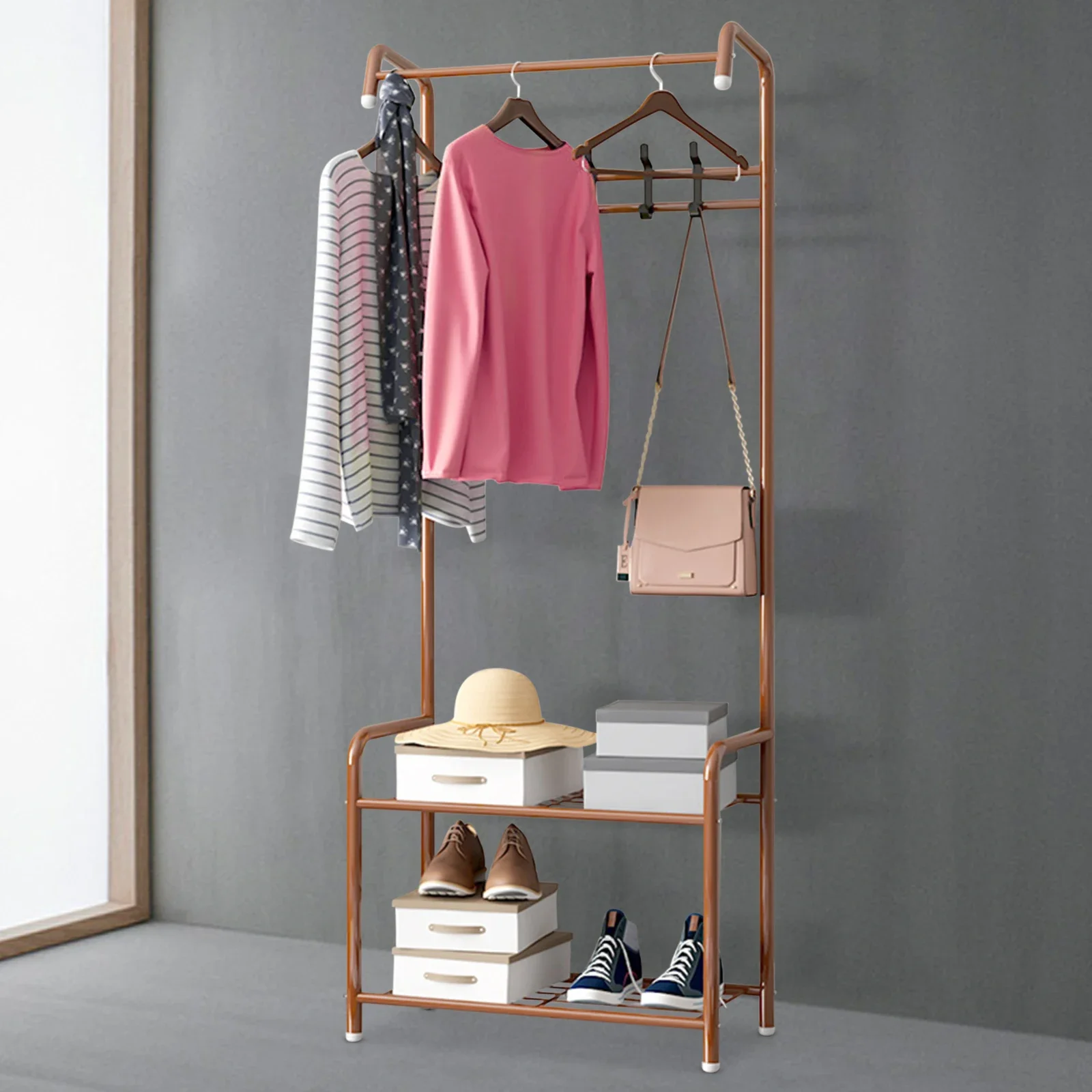 Freestanding Bedroom Coat Clothes Stand Storage Organization Rack w/ Hoo For Coats Shoe Rac Bags And Hats