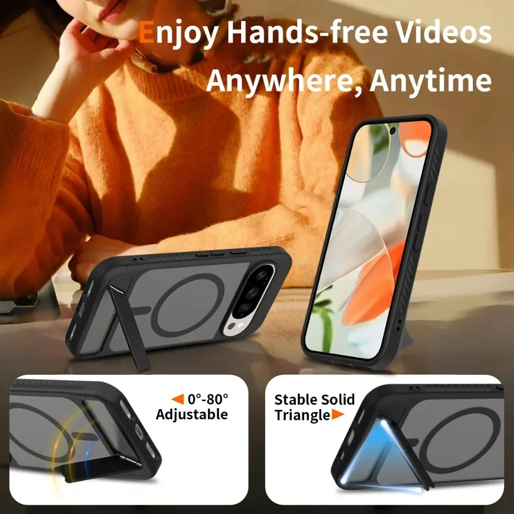 Luxury Matte Translucent Armor Folding Stand Magnetic Phone Case for Google Pixel 10 9 Pro XL for Magsafe Shockproof Hard Cover