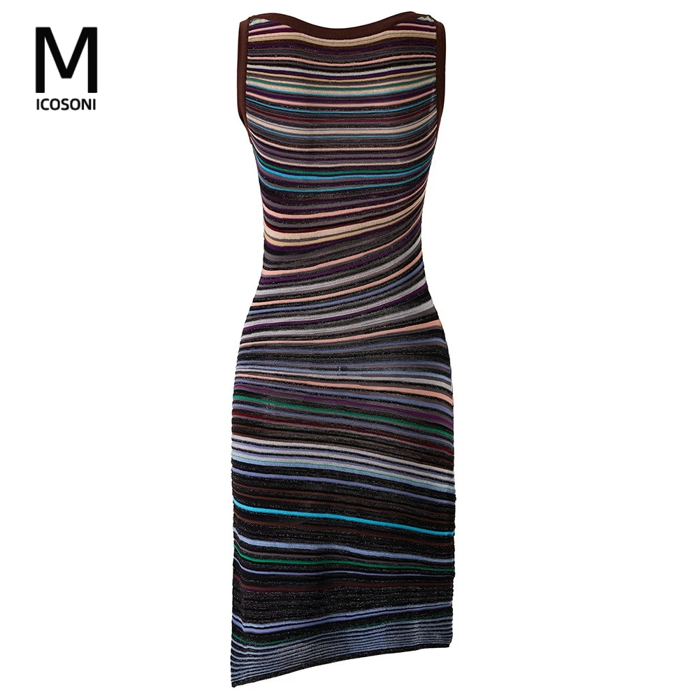 

Micosoni High-end Quality Vestidos 2026 Summer New Color Block Irregular Sleeveless Slim-fit Colorful Knitted Dress for Women