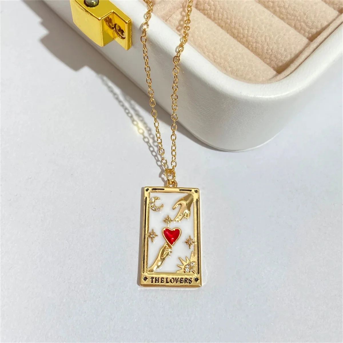 18K gold-plated tarot card square pendant necklace, set with diamonds, INS style women's jewelry