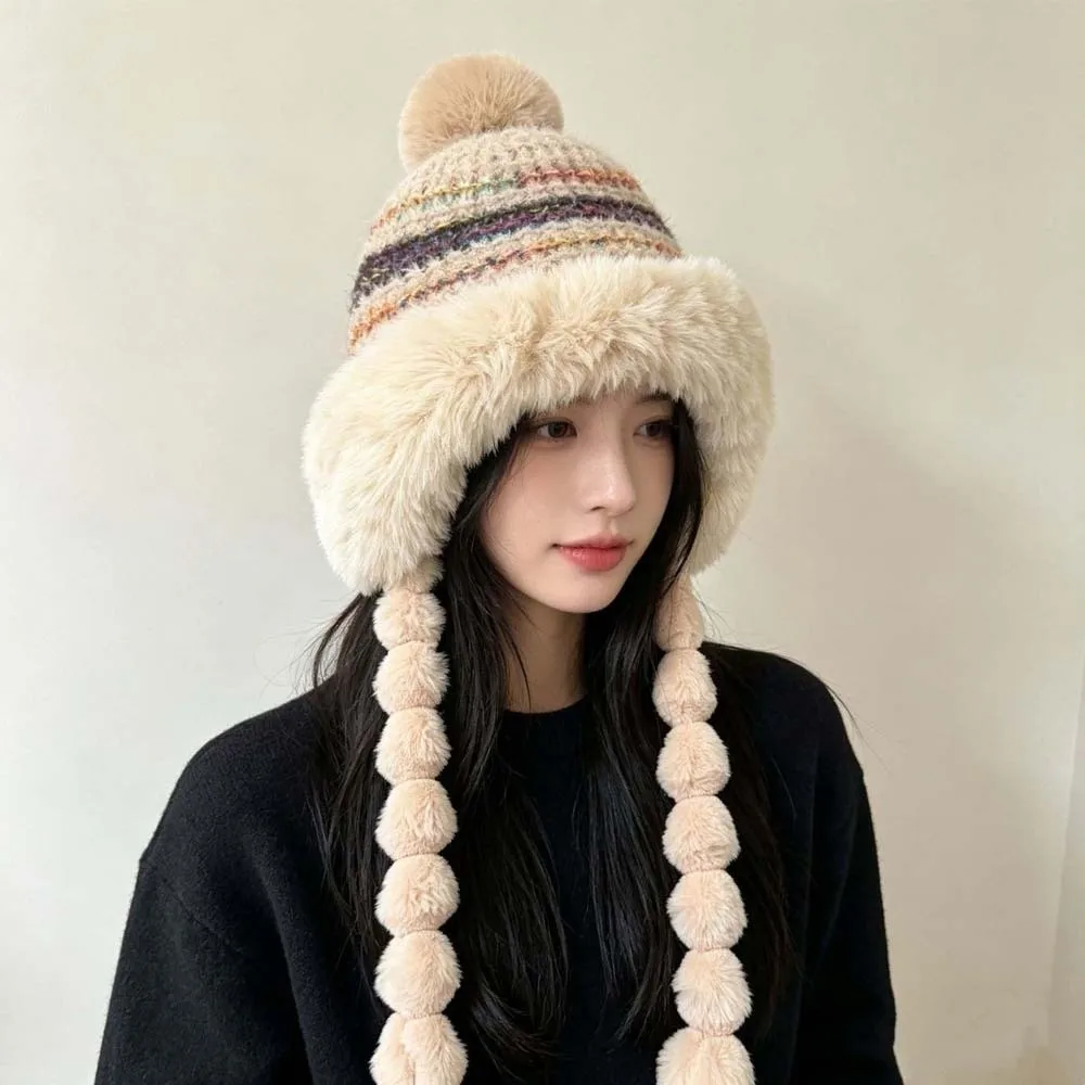 Fleece Lined Pompom Braids Hat Striped Knit Soft Yarn Fleece Knit Beanie Windproof ElasticThick Earflap Winter Cap Teens