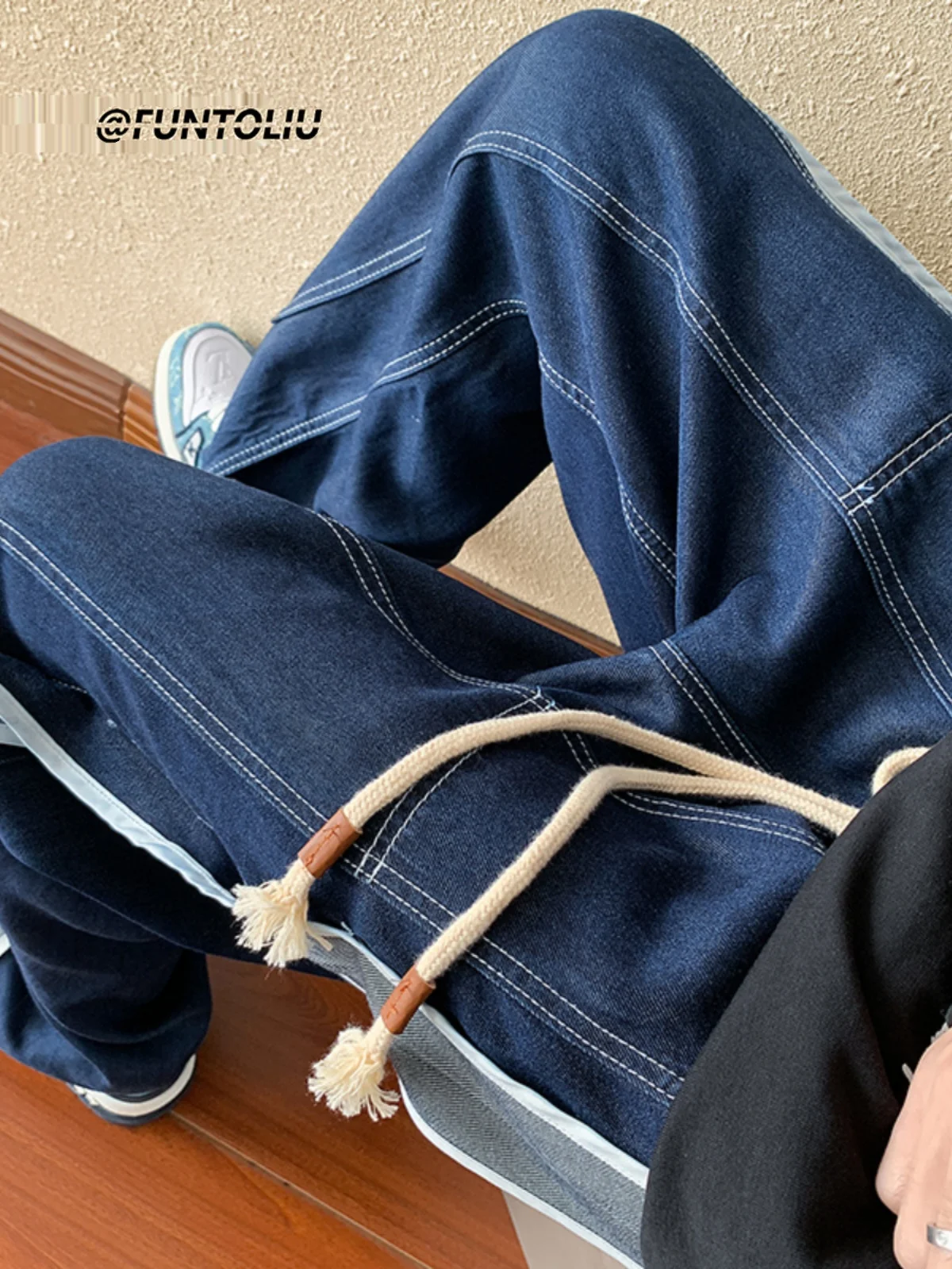 

Мужские джинсы Color Blo Denim, весенне-осенние, в стиле американского хип-хопа, с эластичным поясом на шнурке, широкие брюки