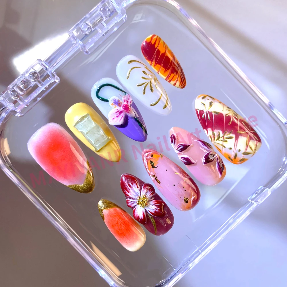 

10Pcs Handmade Manicure Medium Almond Fake Nails New Cute 3D Limited Nails Press On Nails Design with Adhesive Nail File Set